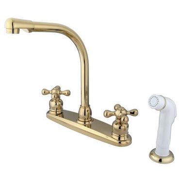 Kingston Brass GKB712AX Water Saving Victorian High Arch Kitchen Faucet with Cross Handles and Sprayer, Polished Brass Kitchen Faucet Kingston Brass